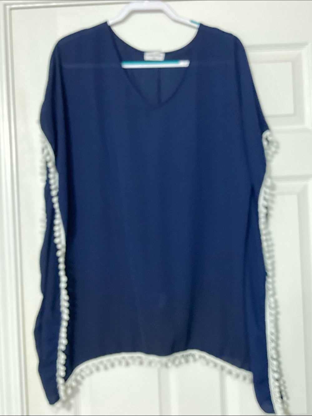 Navy Pom-Pom Trim Tunic Top - Women's Casual V-Neck - size M/L